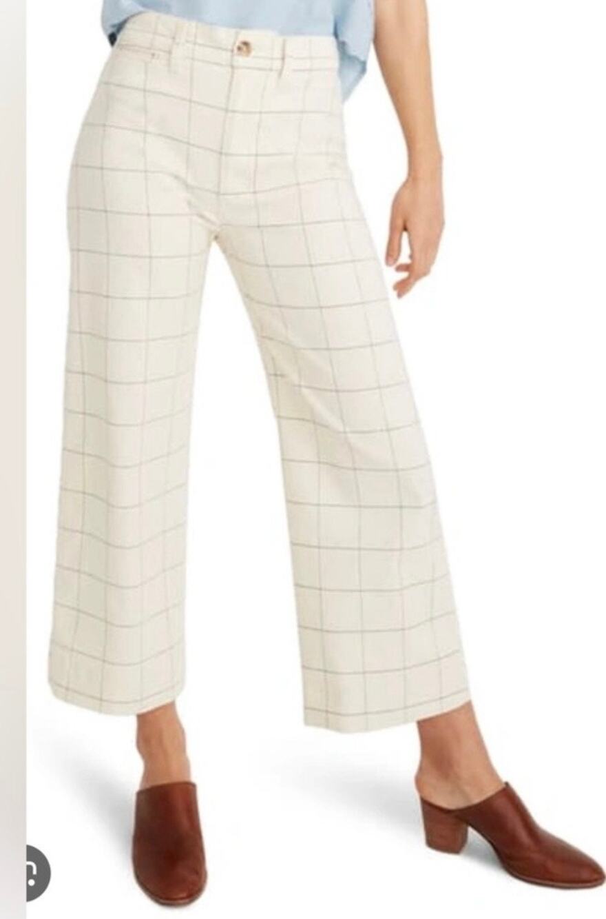 Madewell Slim Emmett Wide-Leg Crop Pants Windowpane Cream Size 27